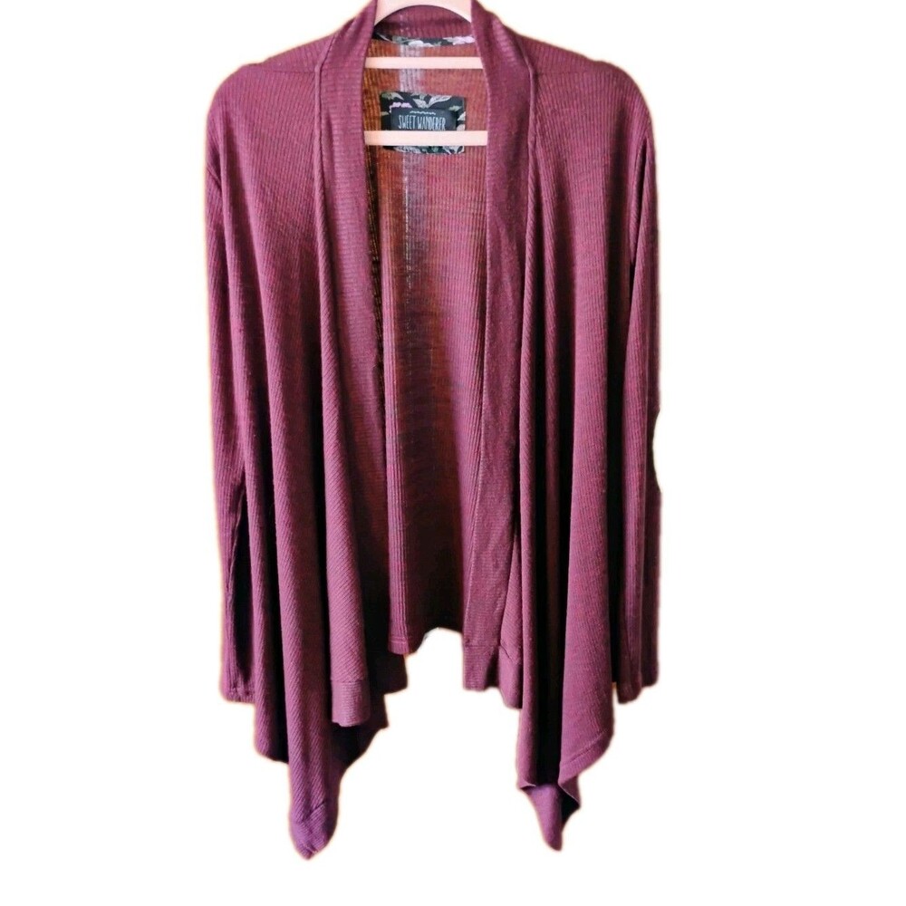 Sweet Wanderer Burgundy Ribbed Open Front Cardigan Suede Elbow‎ Patches Medium